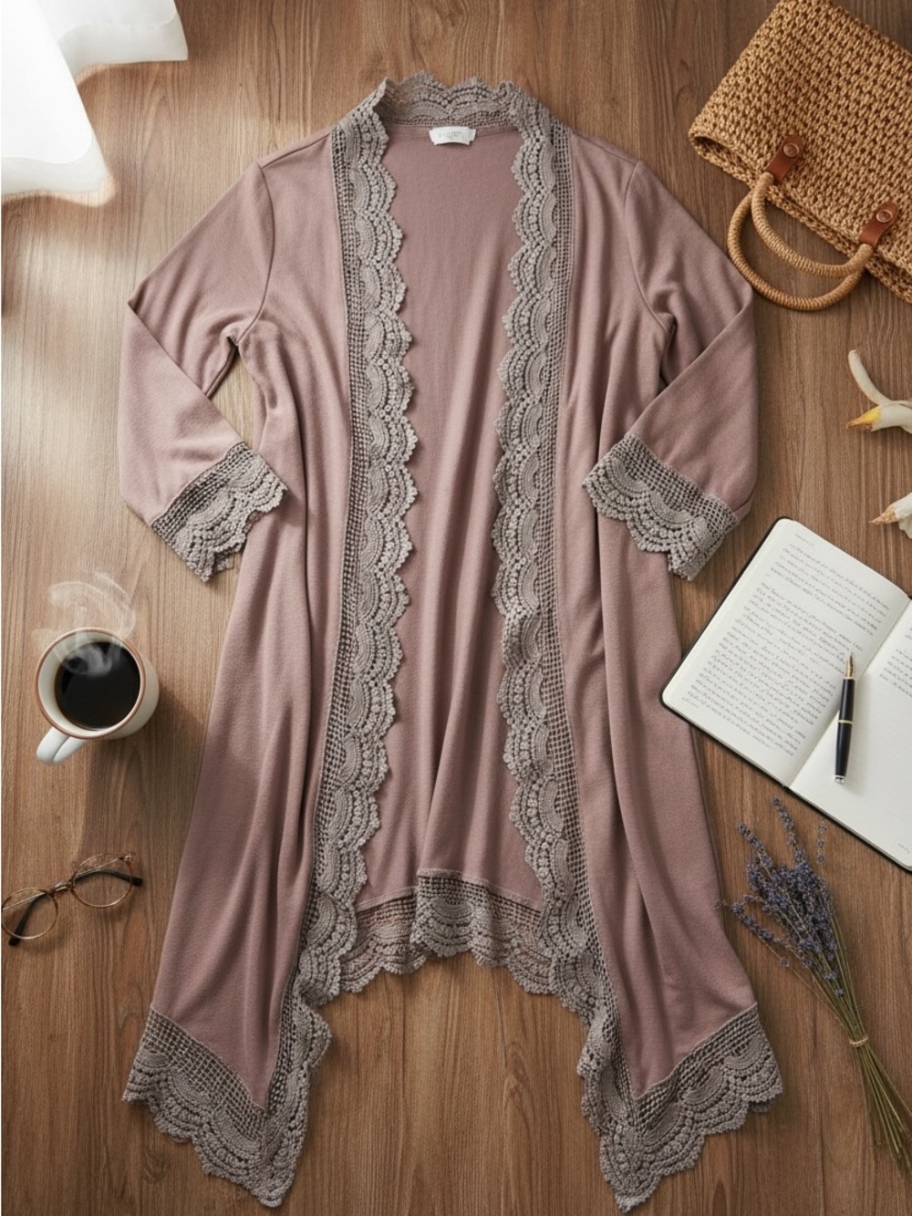 Women's Lace-Trim Open Front Wrap - Dusty Mauve